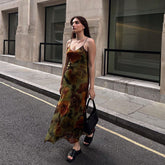 Vintage Blumendruck Chiffon V-Ausschnitt Slip A-Linie Maxikleid - Grün